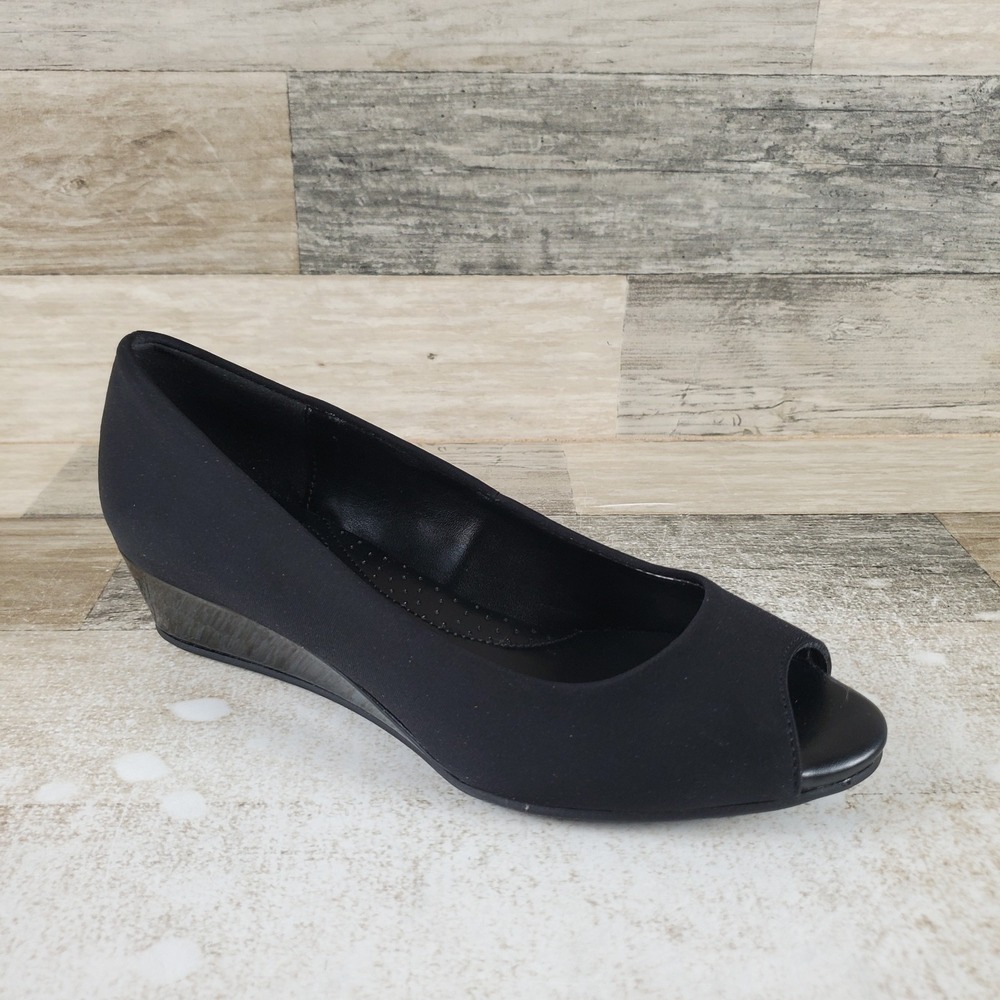 Bandolino Candra Womens Pumps Sz 7 M Black Leather Slip On Peep Toe Wedge Heel